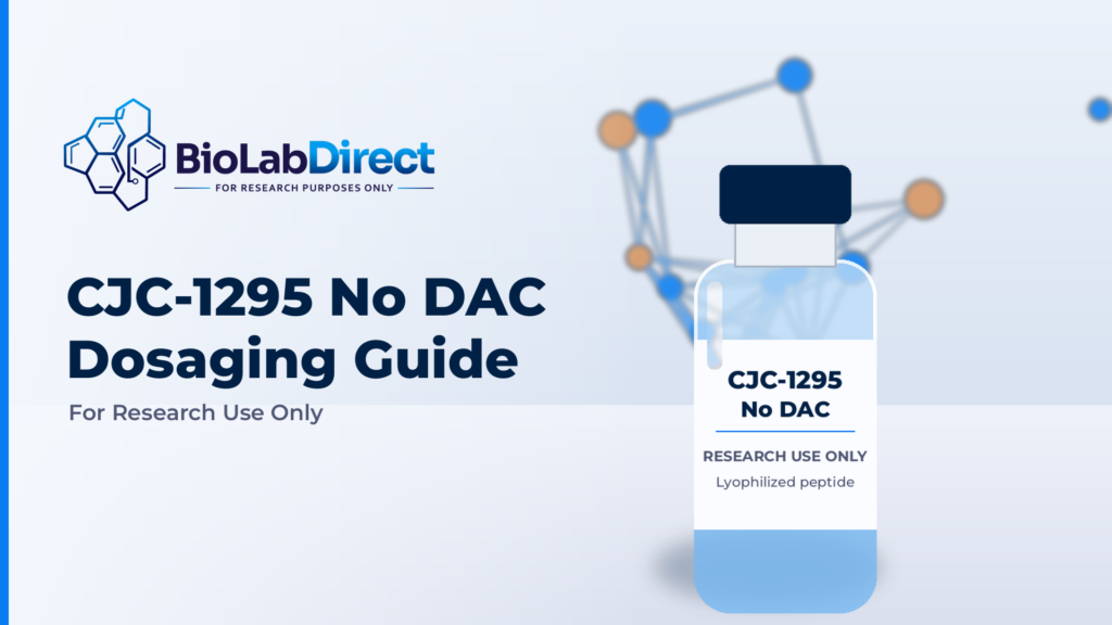 CJC-1295 No DAC Dosaging Guide header: research peptide vial on a lab bench with a molecular network backdrop, BioLabDirect logo, for research use only