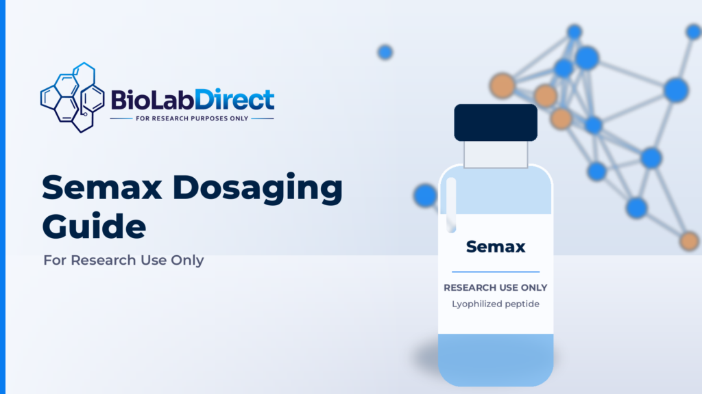 Semax Dosaging Guide header: research peptide vial on a lab bench with a molecular network backdrop, BioLabDirect logo, for research use only