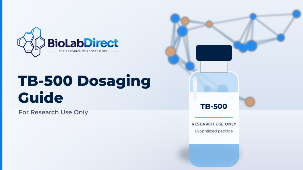 TB-500 Dosaging Guide header: research peptide vial on a lab bench with a molecular network backdrop, BioLabDirect logo, for research use only